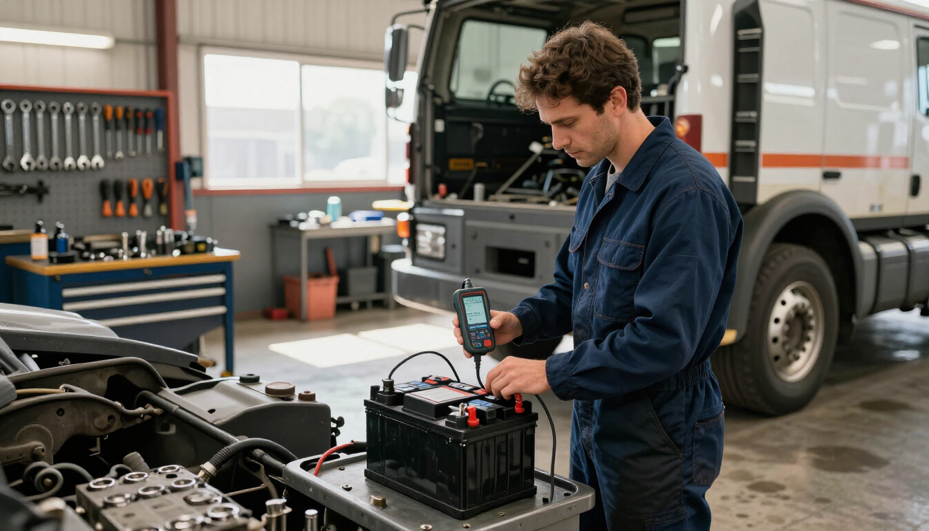 ASE Certified technician testing commercial truck batteries in a Florida shop bay.