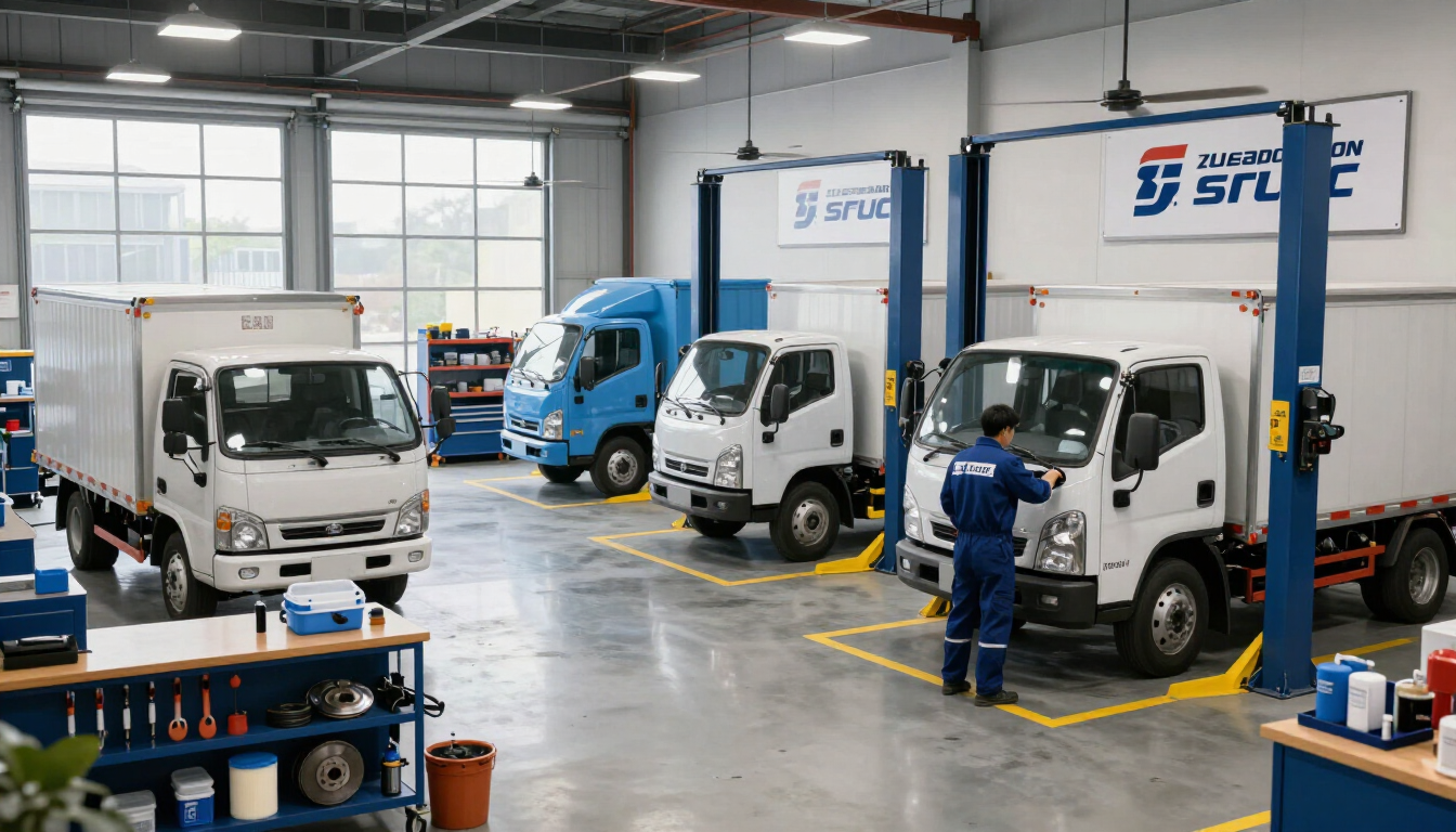 Medium duty trucks inside a professional fleet service shop bay.
