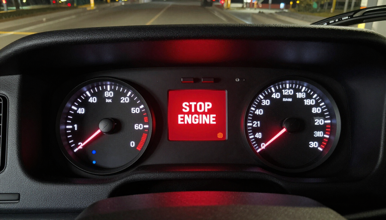Commercial truck dashboard with glowing red warning lights illuminated.