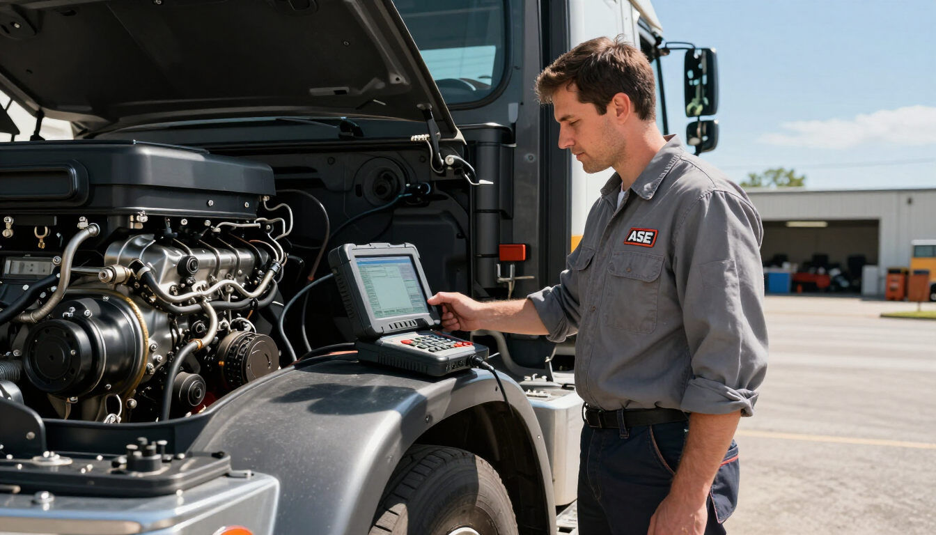 ASE technician using scan tool on truck