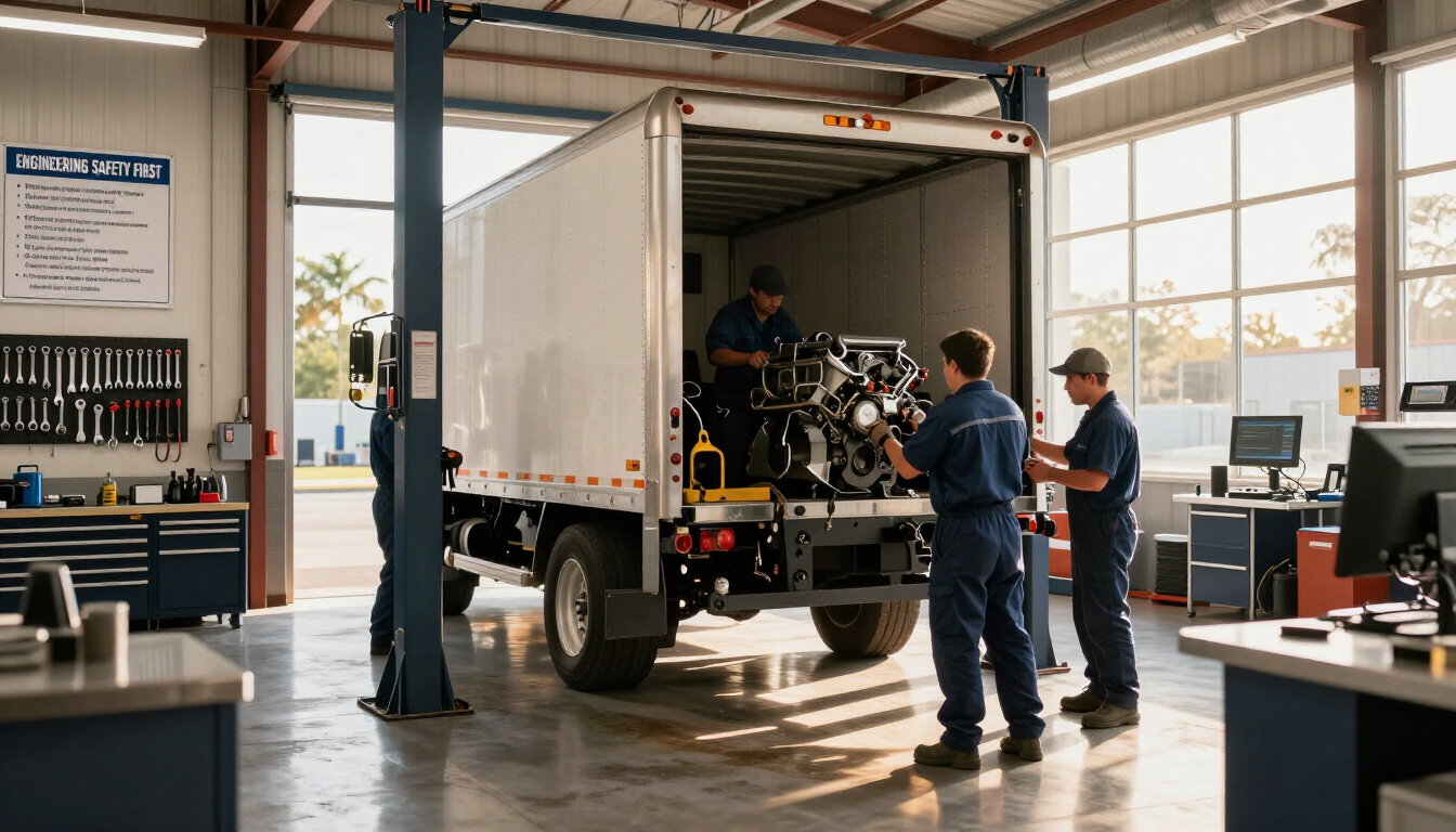 Medium duty truck in a shop