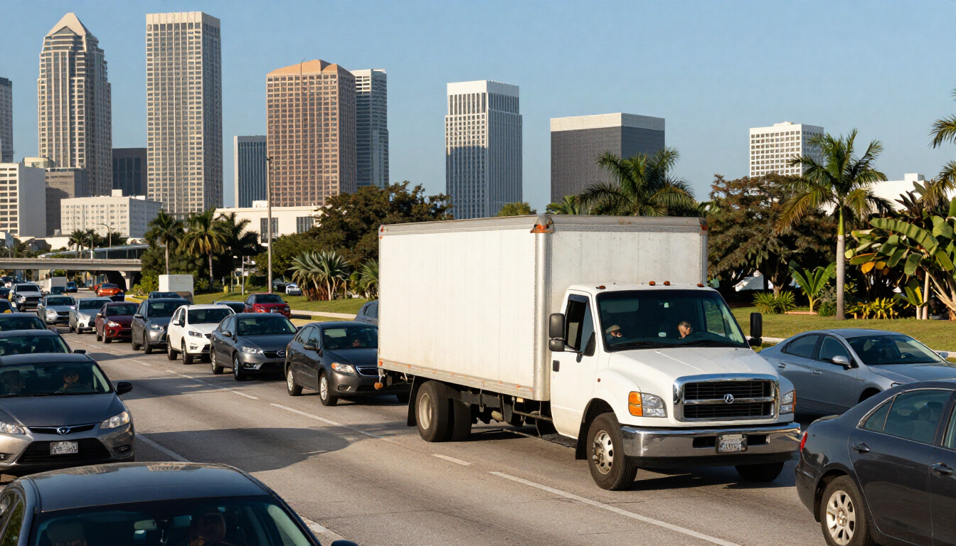 White delivery truck in Tampa traffic representing diesel aftertreatment challenges.