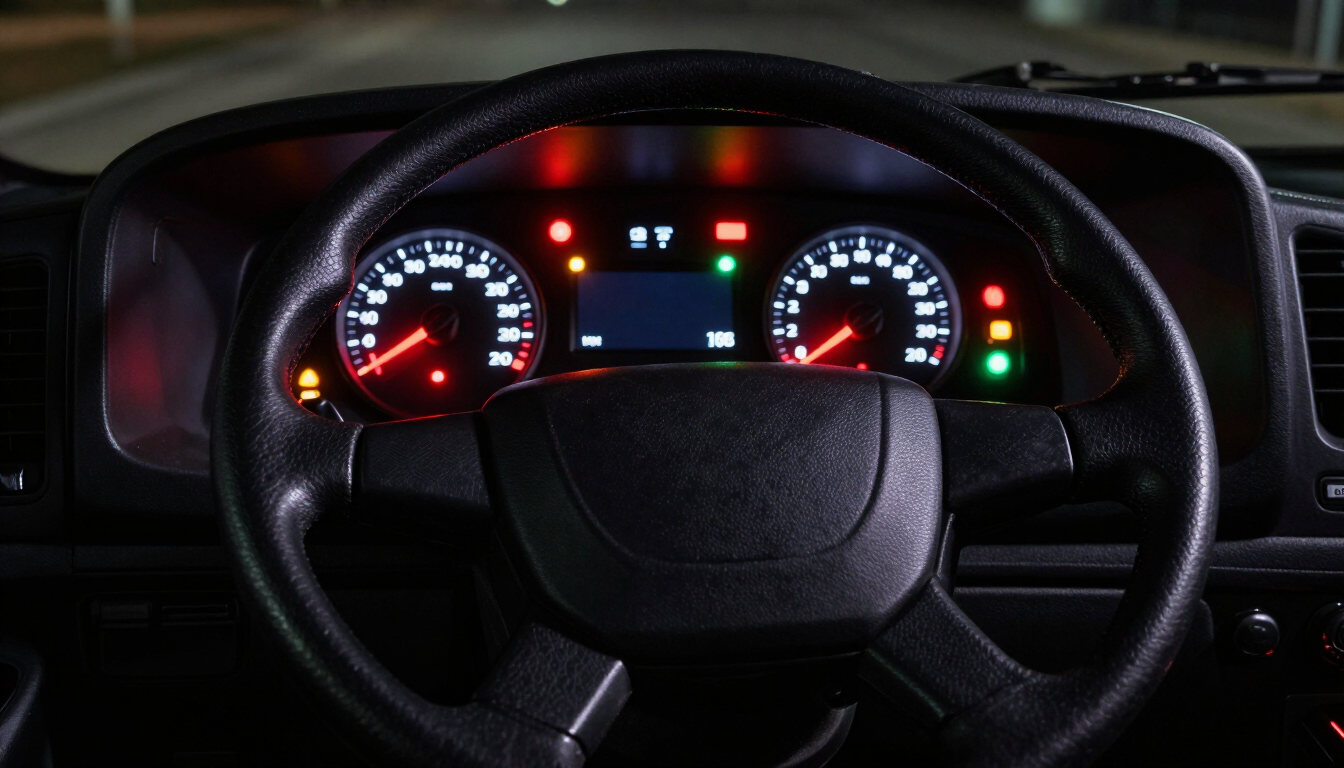 Close up of a commercial truck dashboard with illuminated warning lights.