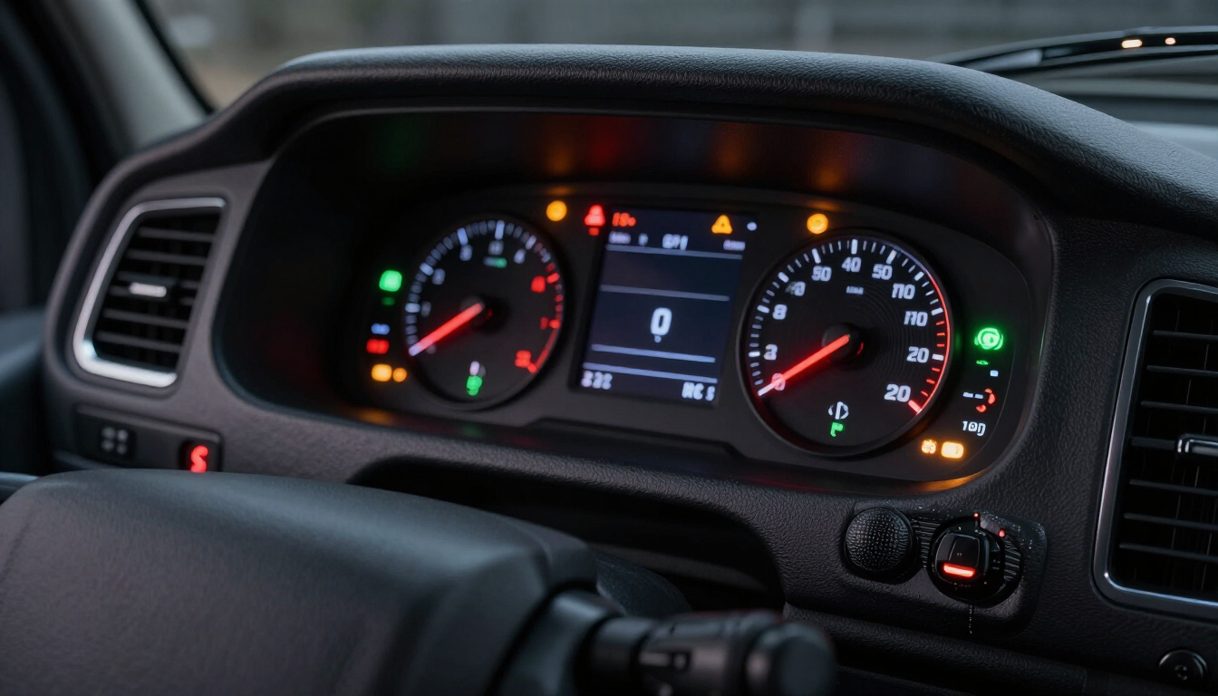 Commercial truck dashboard with illuminated warning lamps