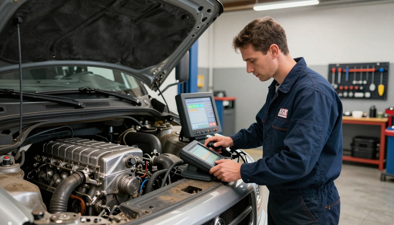Technician using a diagnostic scanner on a truck