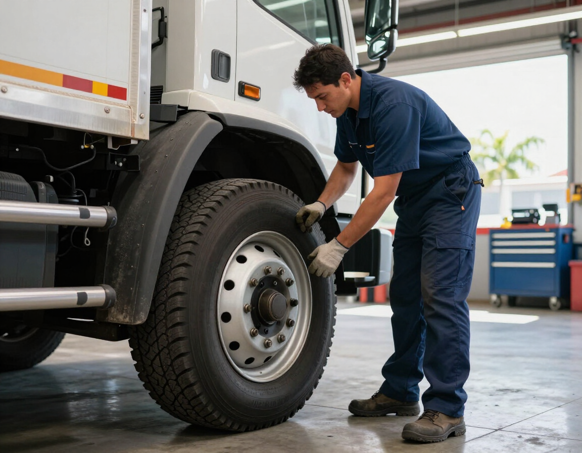 Technician inspecting a commercial truck tire and wheel assembly