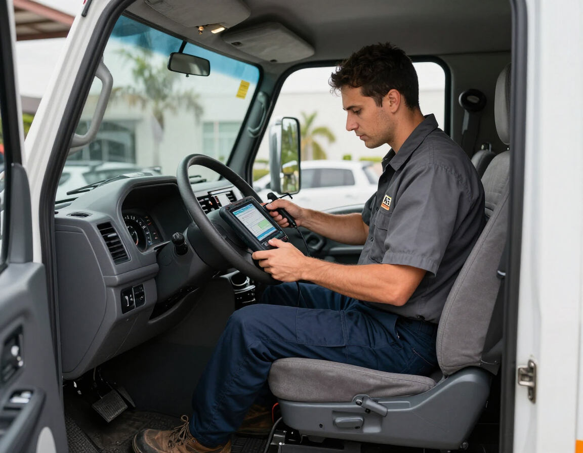 Technician using a scan tool on a medium-duty delivery truck