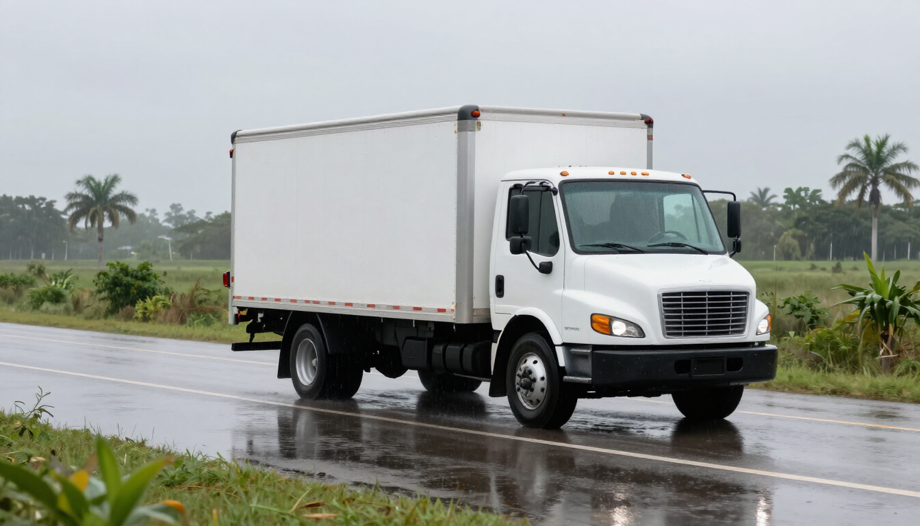 Work truck after storm flooding on a wet road