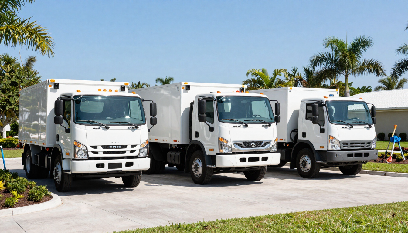 Cab-over truck maintenance at a Florida landscaping job site