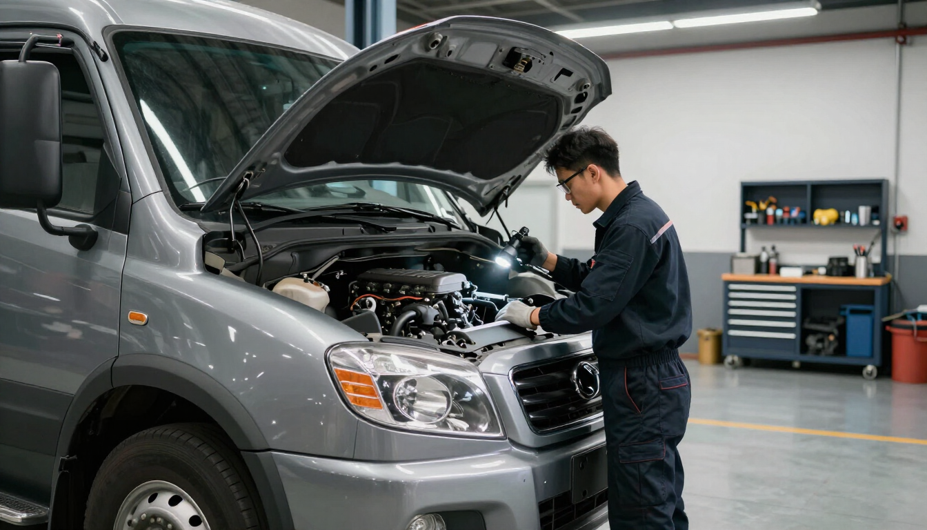 Technician inspecting a medium-duty cab-over truck in a clean service bay
