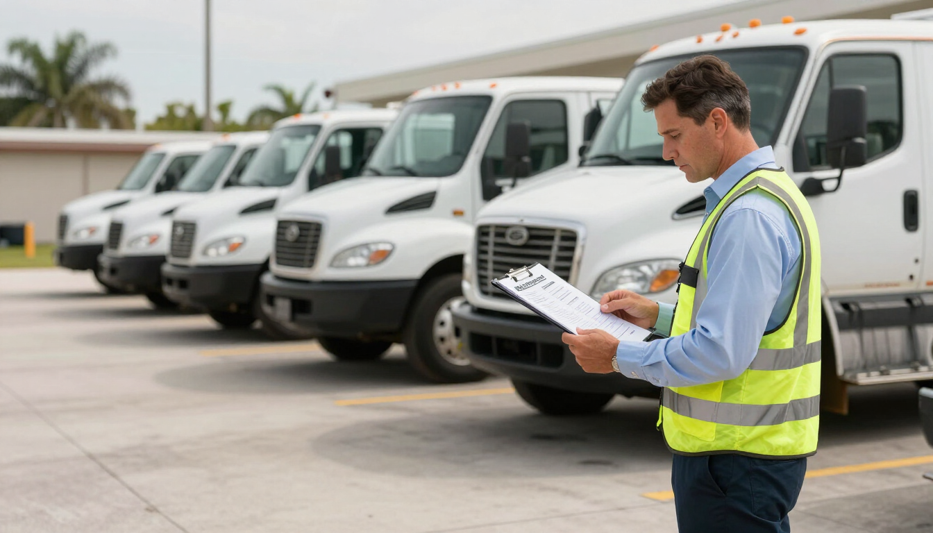 Fleet maintenance budget records beside medium-duty trucks