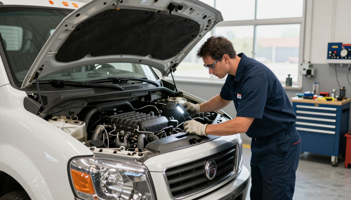 Technician inspecting a medium-duty truck in a shop bay