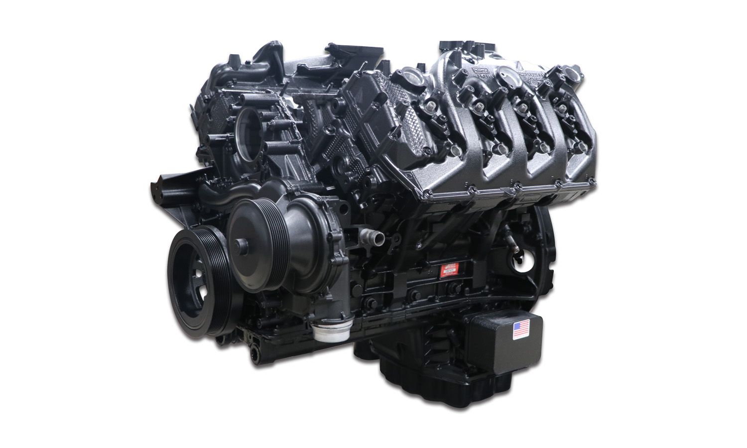 Black V8 engine isolated on white background.