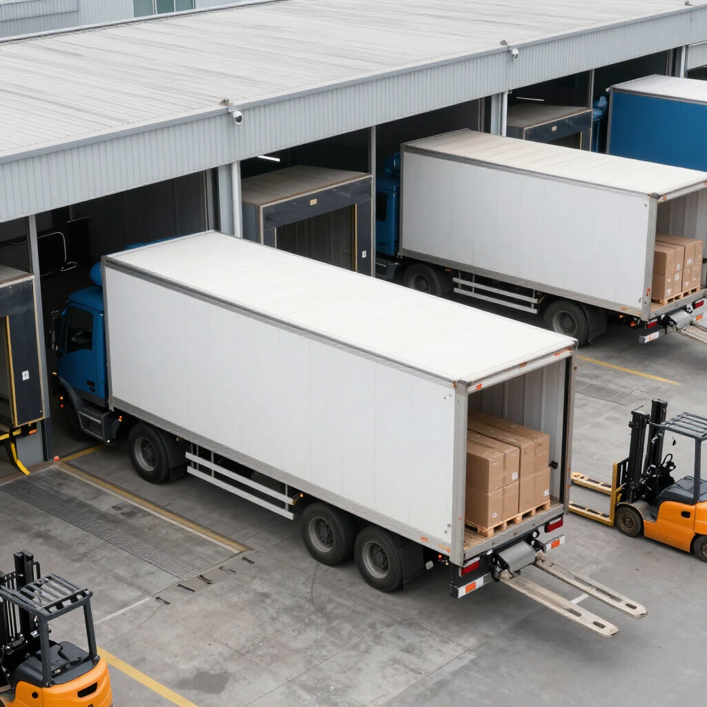Box trucks at a South Florida loading dock during holiday preparation