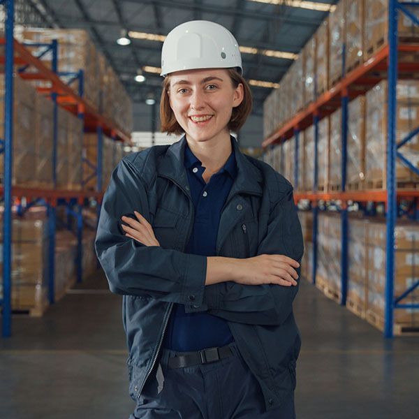 Young caucasian woman warehouse worker arms crossed