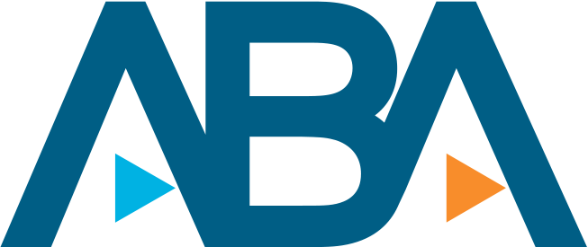 The aba logo is blue and orange with a triangle in the middle.