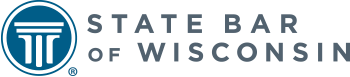 The state bar of wisconsin logo is blue and white