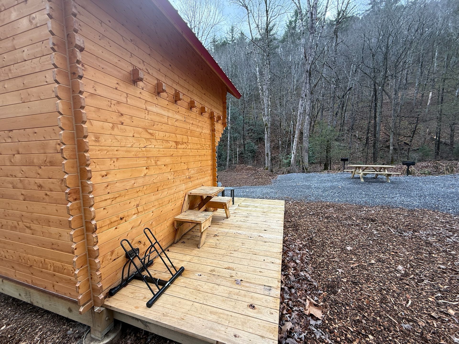 Wooden cabin deck with steps, chairs, and a leaf-covered yard beside a wooded forest.