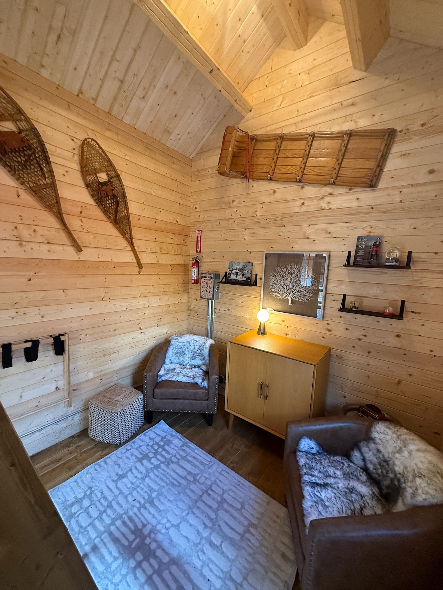 Cozy wood-paneled cabin bedroom with two chairs, lamp-lit dresser, wall decor, and a rug on the floor