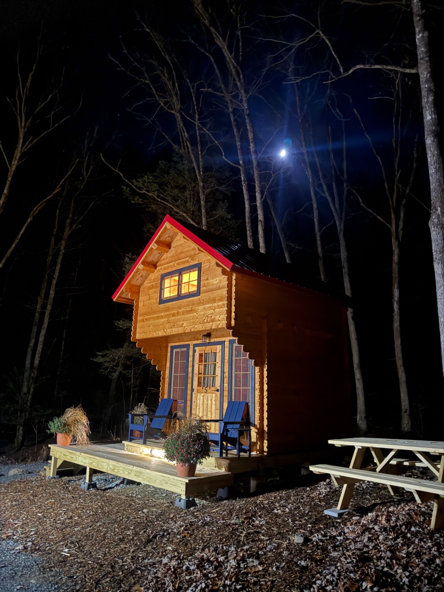 Small lit cabin in a wooded area at night, with a porch and picnic tables under a bright moon.
