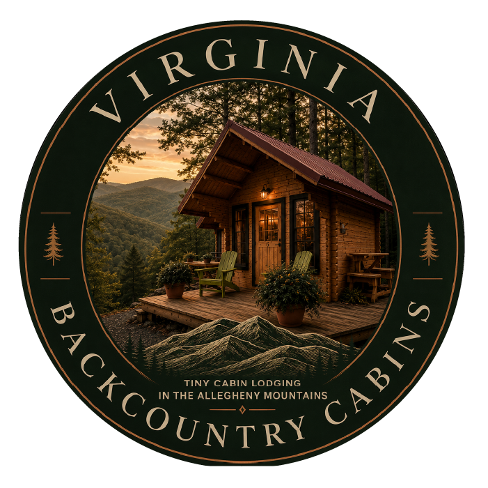 Virginia Backcountry Cabins logo with a cozy cabin in green mountain landscape