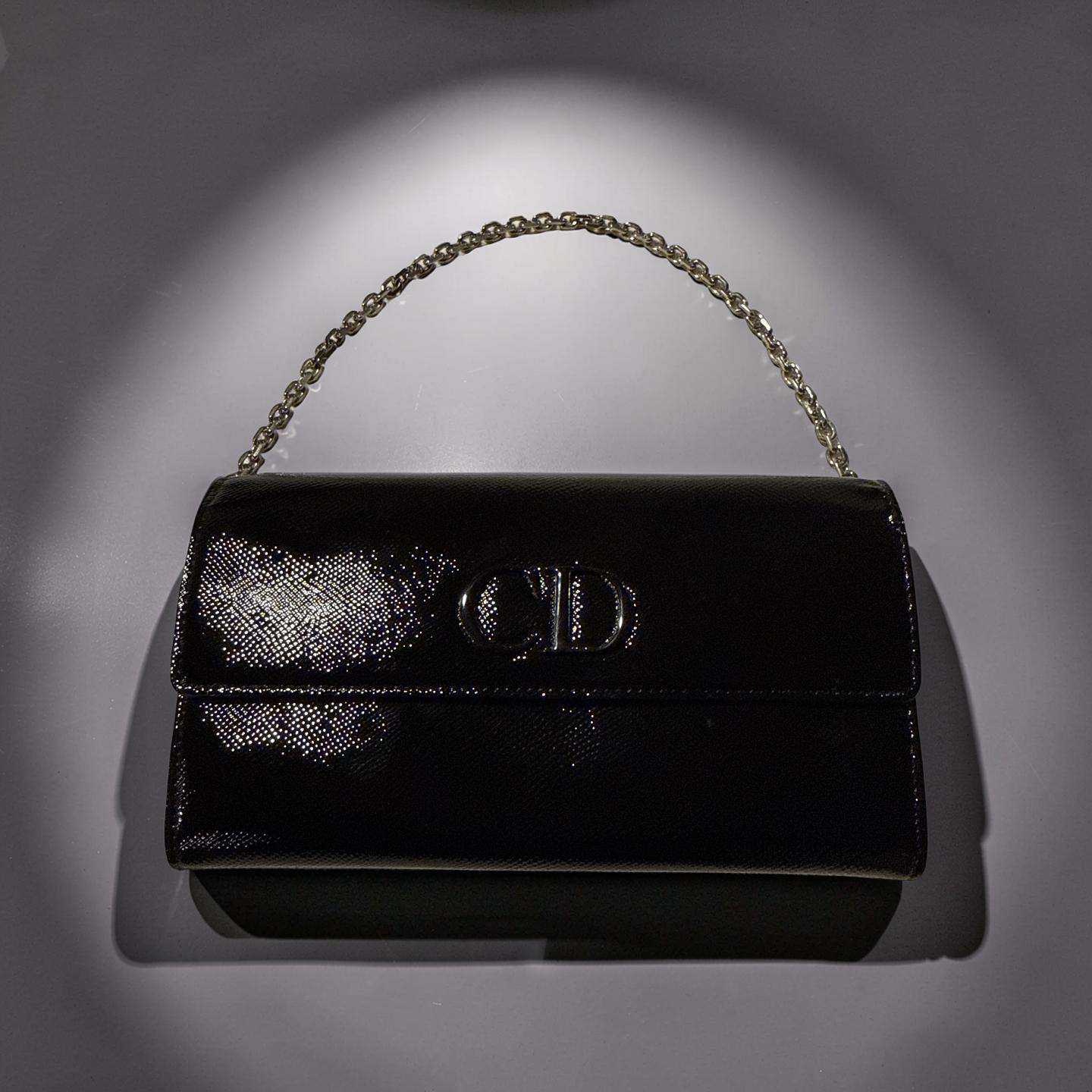 Christian Dior Black Patent Leather Wallet on Chain