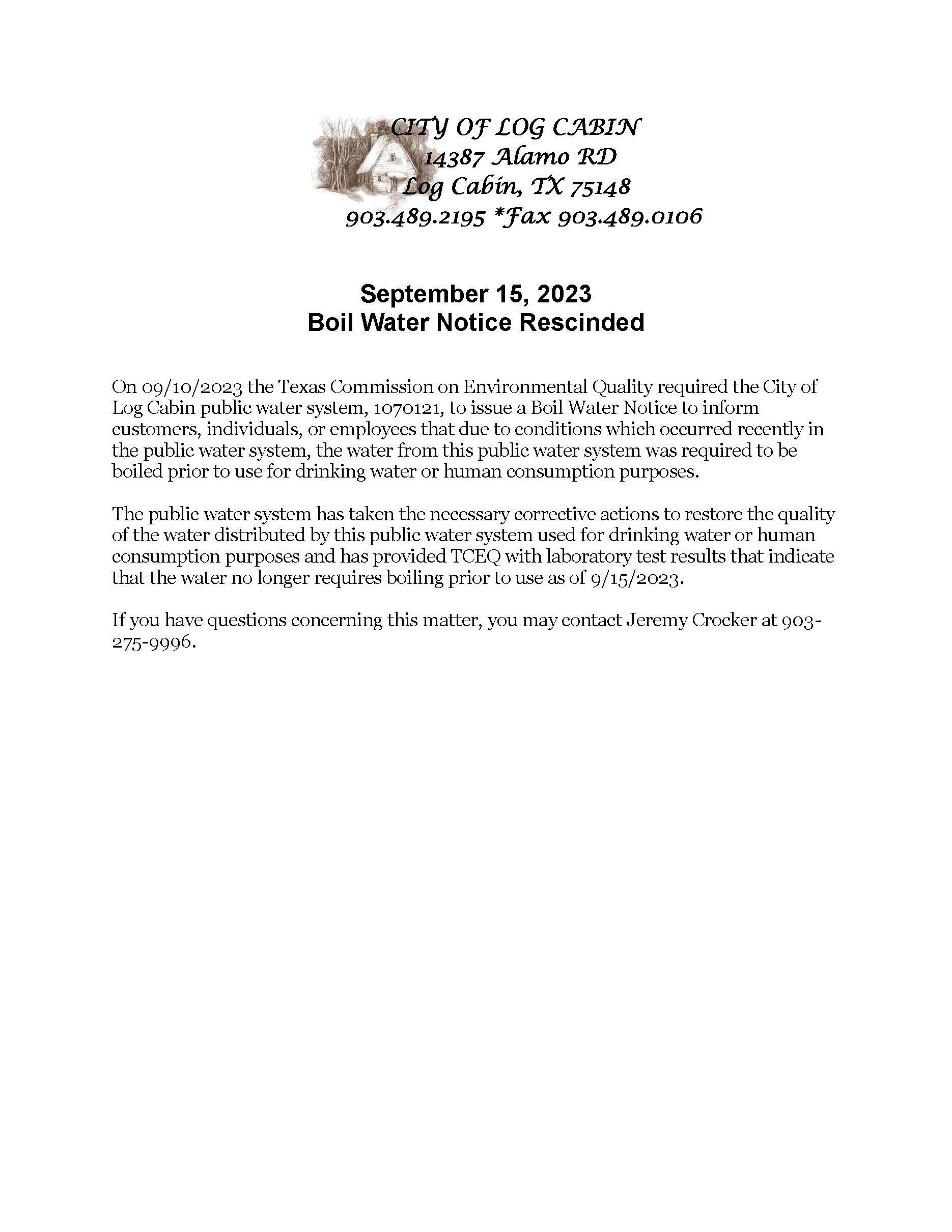 RESCINDED Boil Water Notice issued 09/10/2023