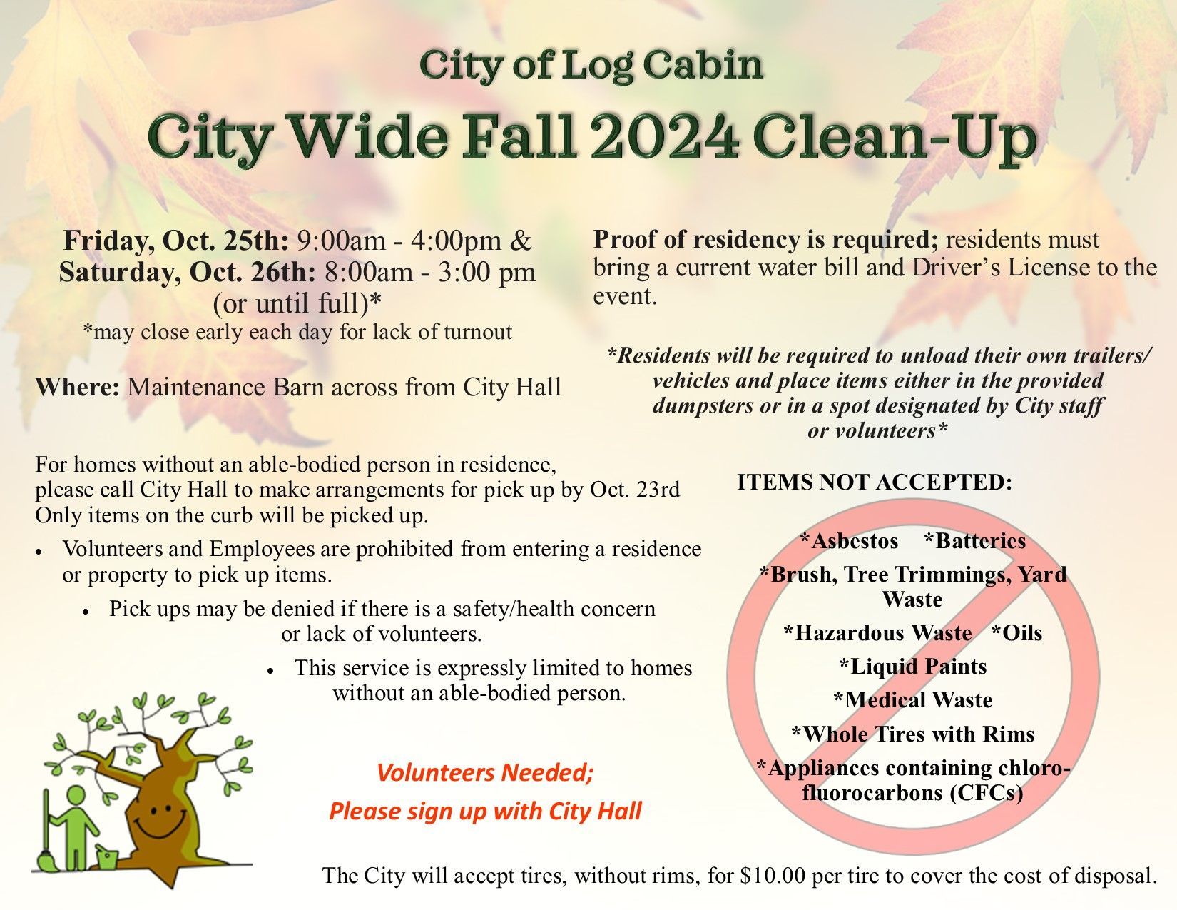 A poster for the city of log cabin city wide spring '24 clean-up