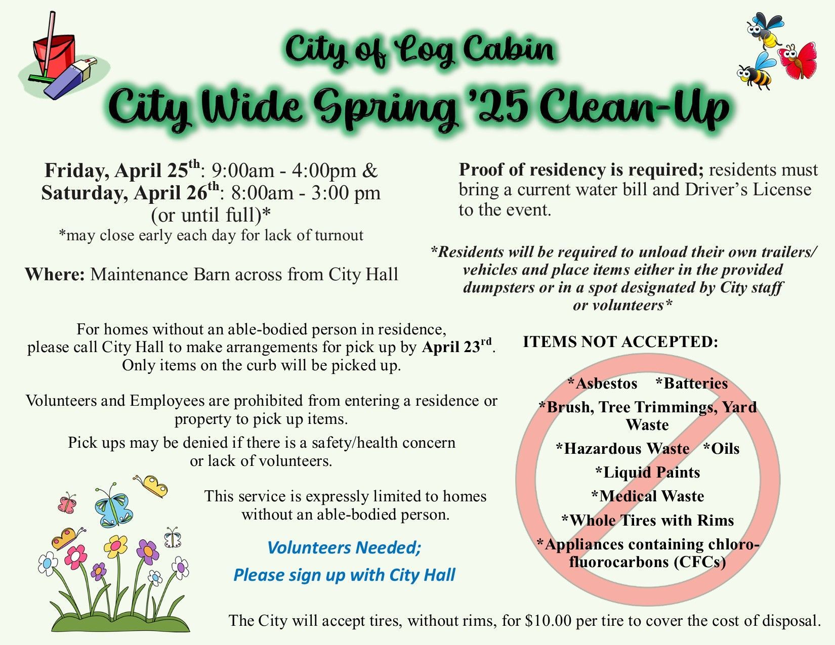 A poster for the city of log cabin city wide spring '24 clean-up