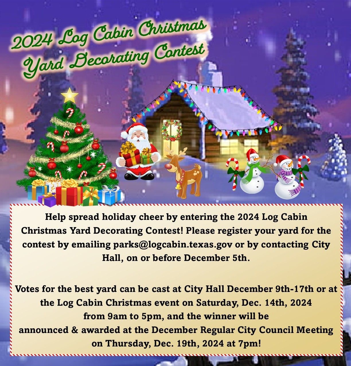 A poster for the 2023 log cabin christmas yard decorating contest