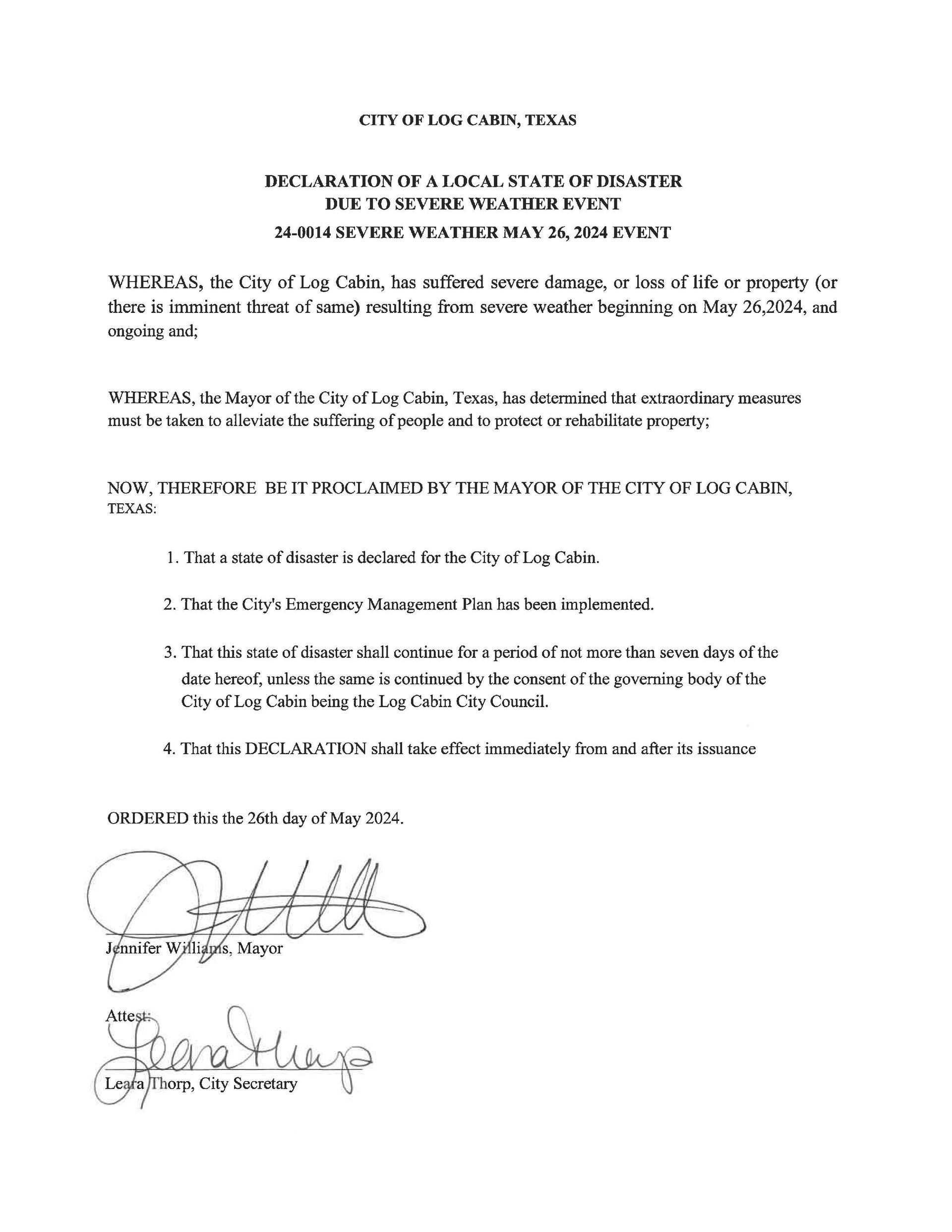 letter declaring local disaster