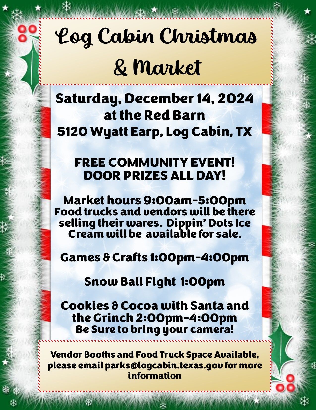 A poster for a log cabin christmas event on december 9th