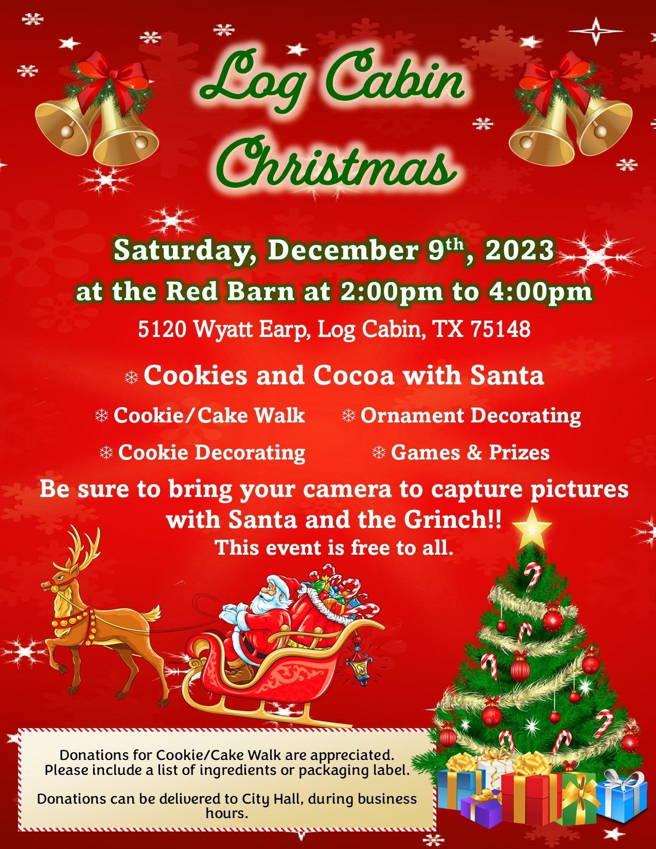 A poster for a log cabin christmas event on december 9th