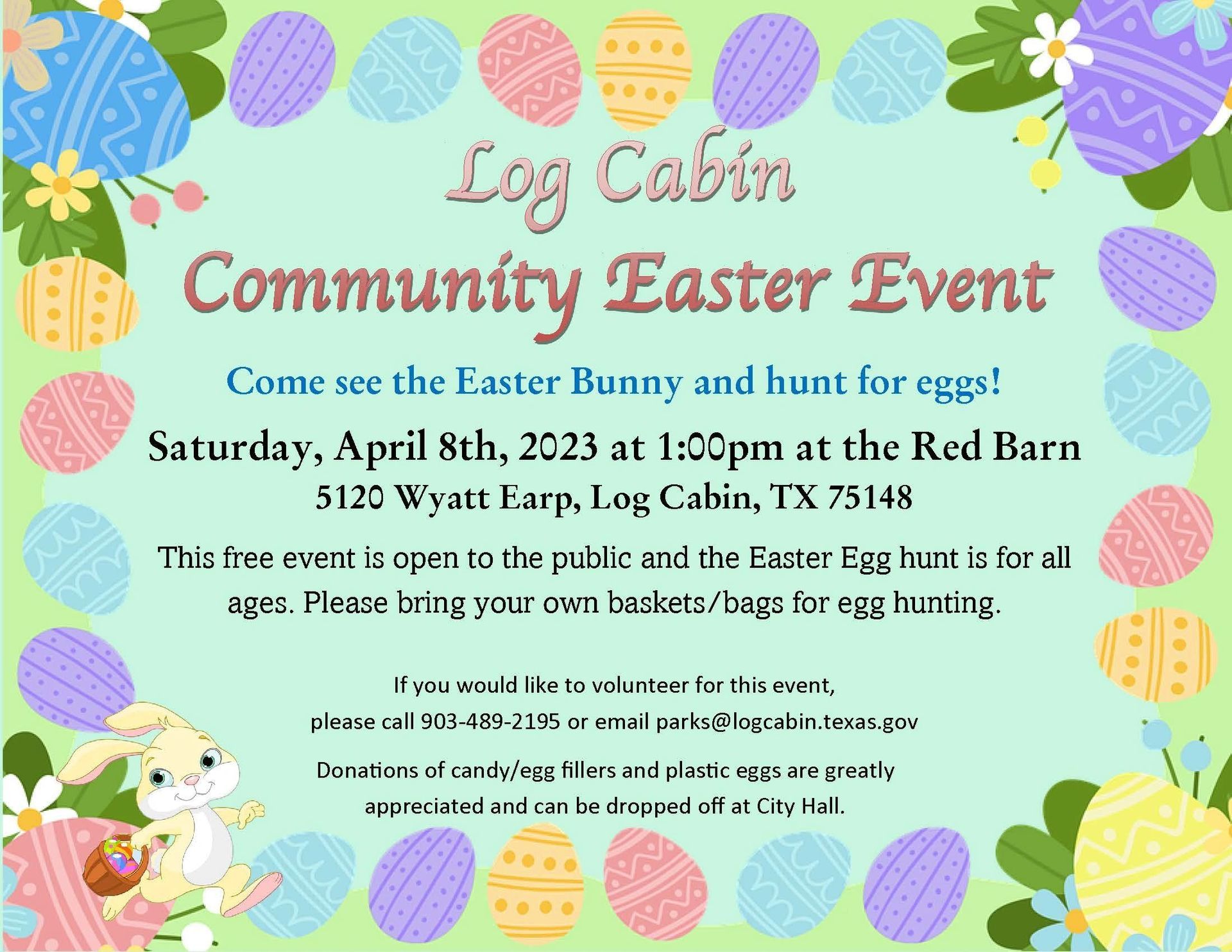 A poster for a community easter event at the log cabin