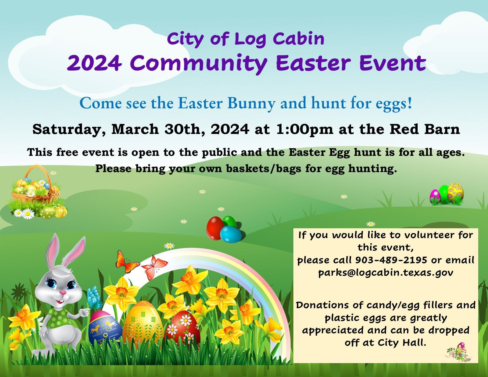 A poster for the city of log cabin 's easter event