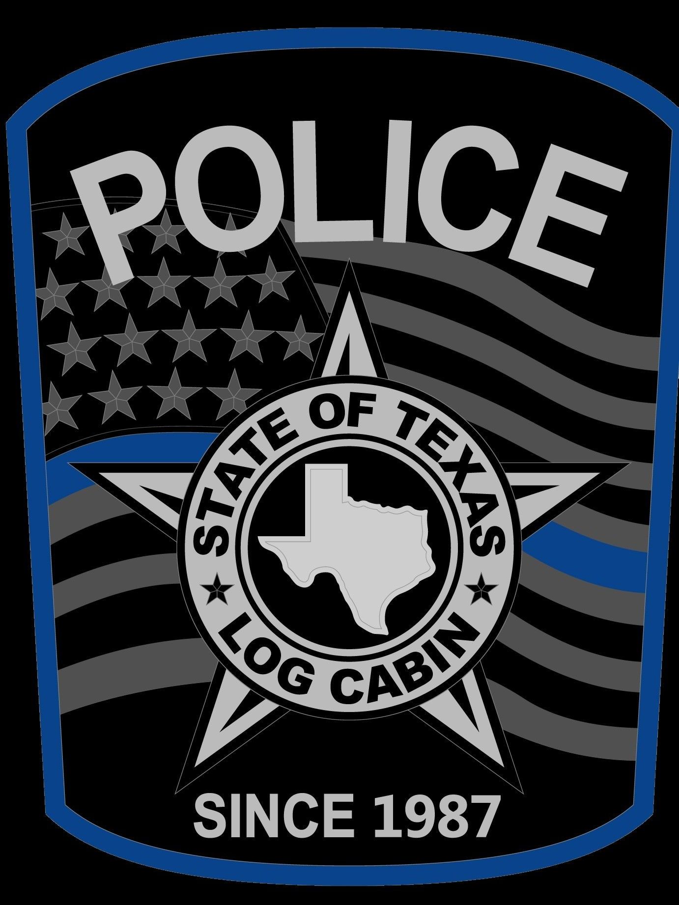 Texas State Log Cabin Police patch with black background, stars, flag stripes, and “Since 1987” text