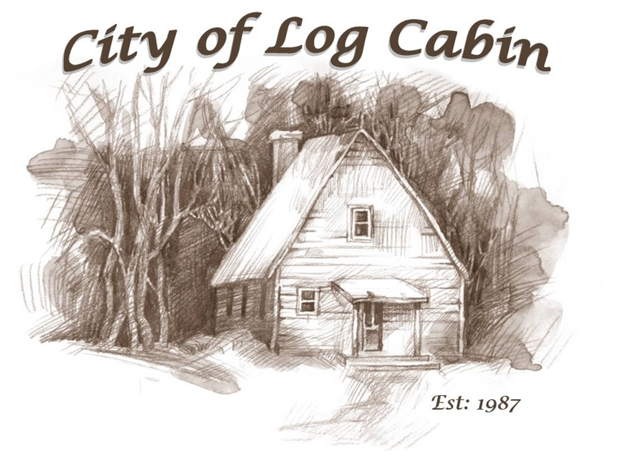 City of Log Cabin logo with a sketched cabin, trees, and “Est. 1987” text