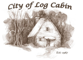 click for home page City of Log Cabin logo with a sketched cabin, trees, and “Est. 1987” text