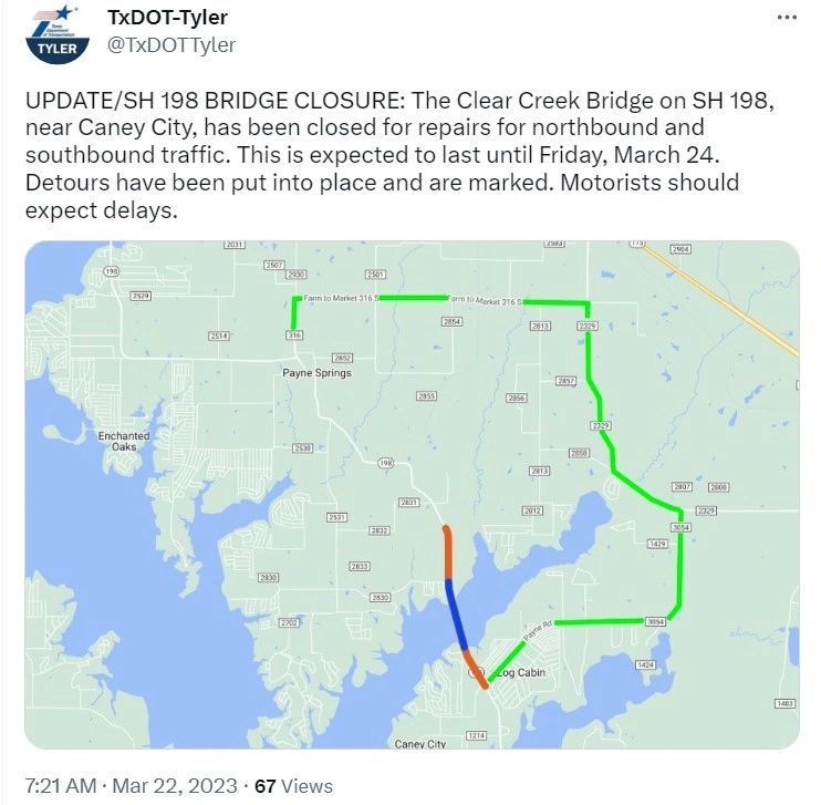The clear creek bridge on sh 198 near caney city has been closed for repairs for northbound and southbound traffic.
