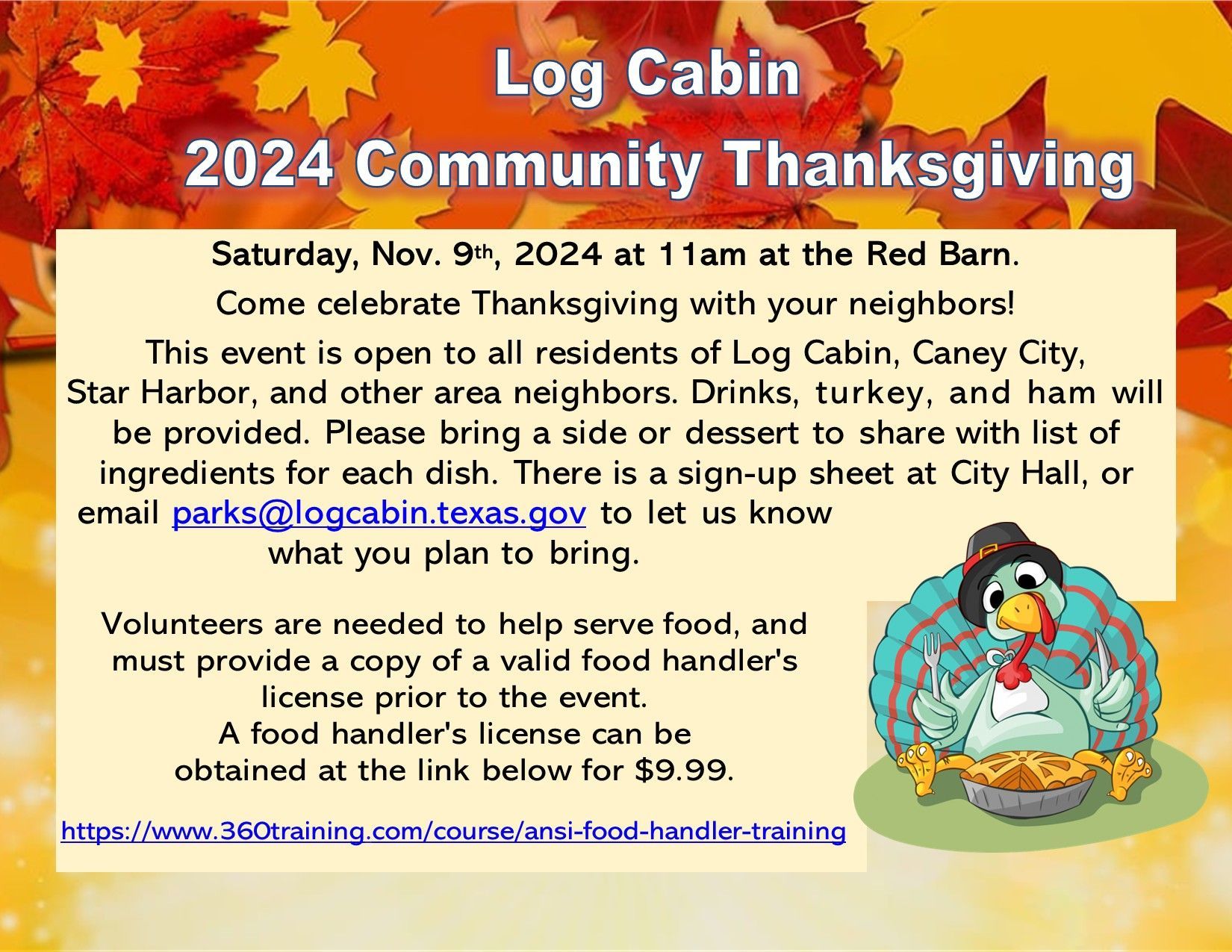 A poster for the 2023 log cabin community thanksgiving