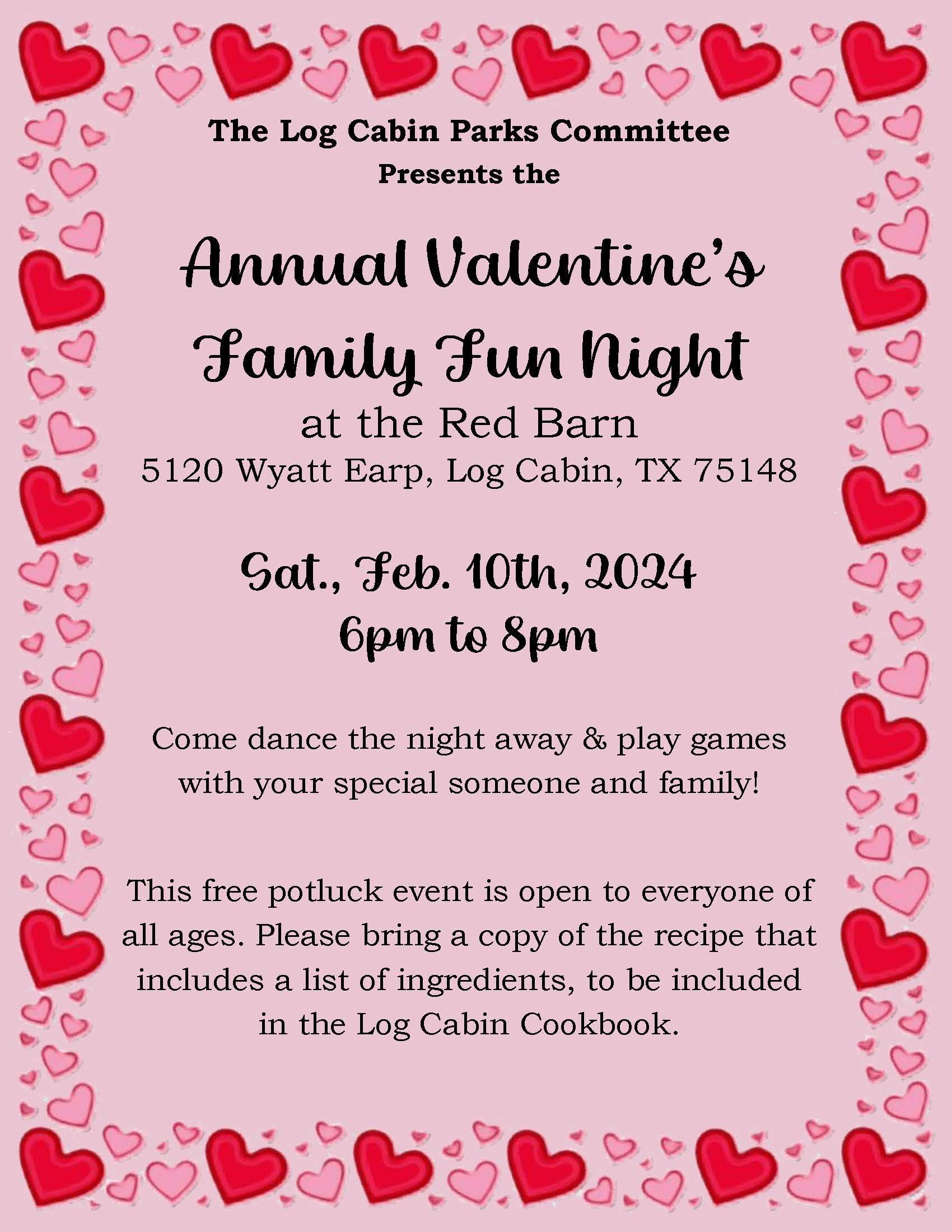 A flyer for an annual valentine 's family fun night