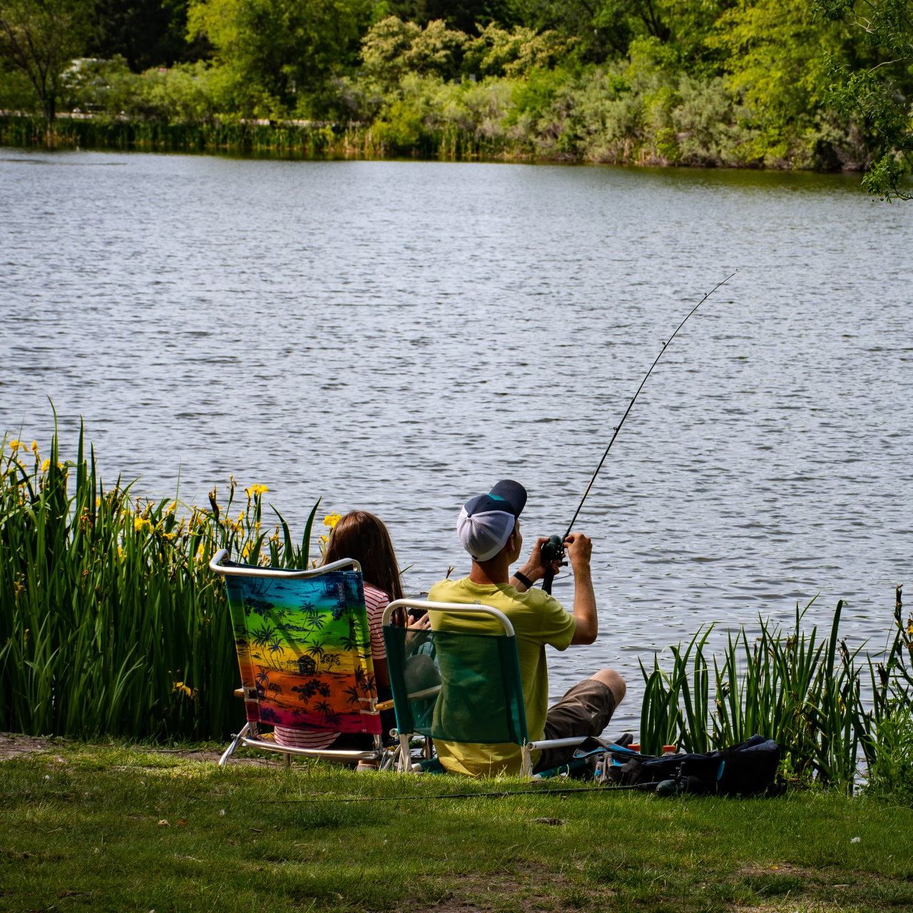 Two people fishing from folding chairs beside a lake, with reeds and trees in the background.