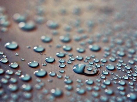 Close-up of water droplets on a smooth brown surface with soft blue reflections