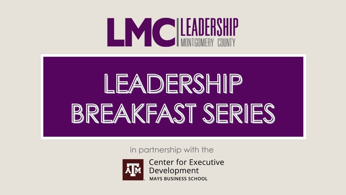 LMO Leadership Lunch & Learn banner with purple “Leadership Breakfast Series” title and Texas A&M logo