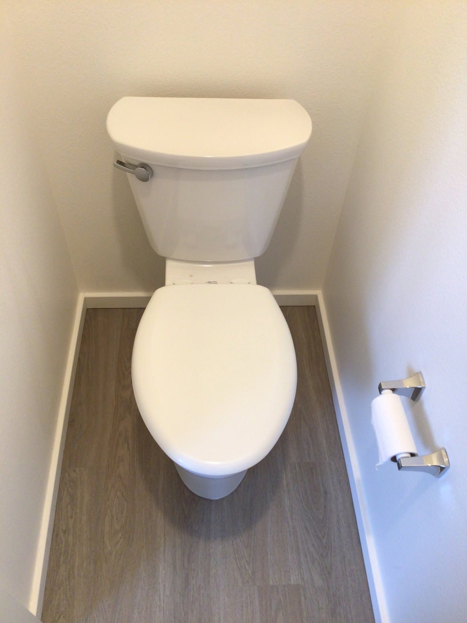 Small bathroom with a white toilet on gray flooring and a wall-mounted toilet paper holder.