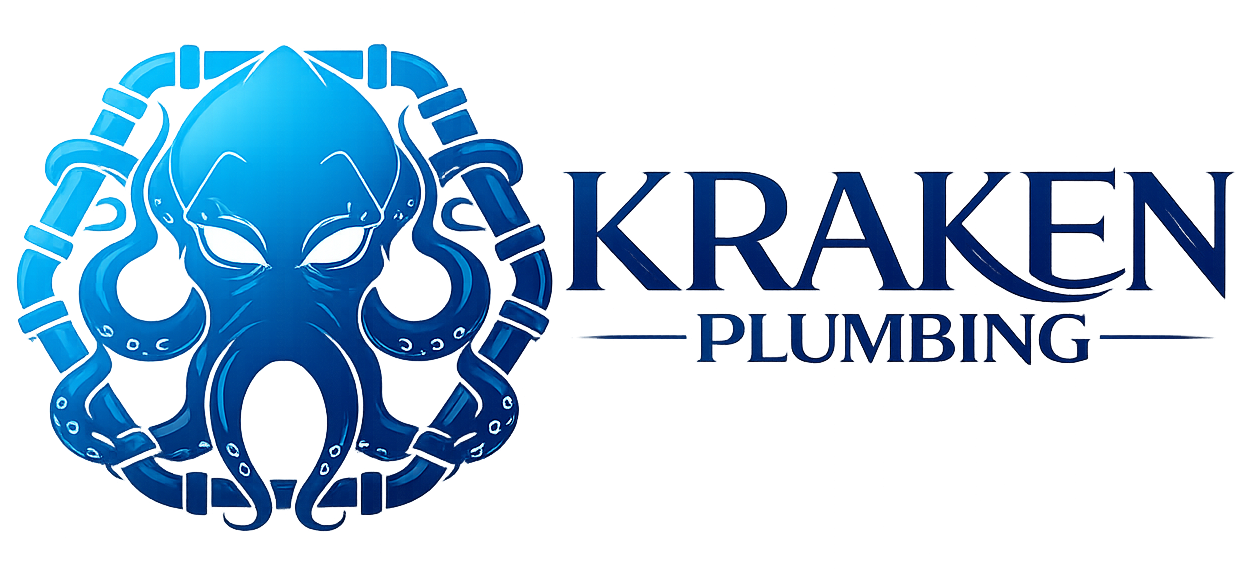 Blue octopus plumbing logo with KRaken Plumbing text in navy and gray