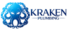 Blue octopus plumbing logo with KRaken Plumbing text in navy and gray