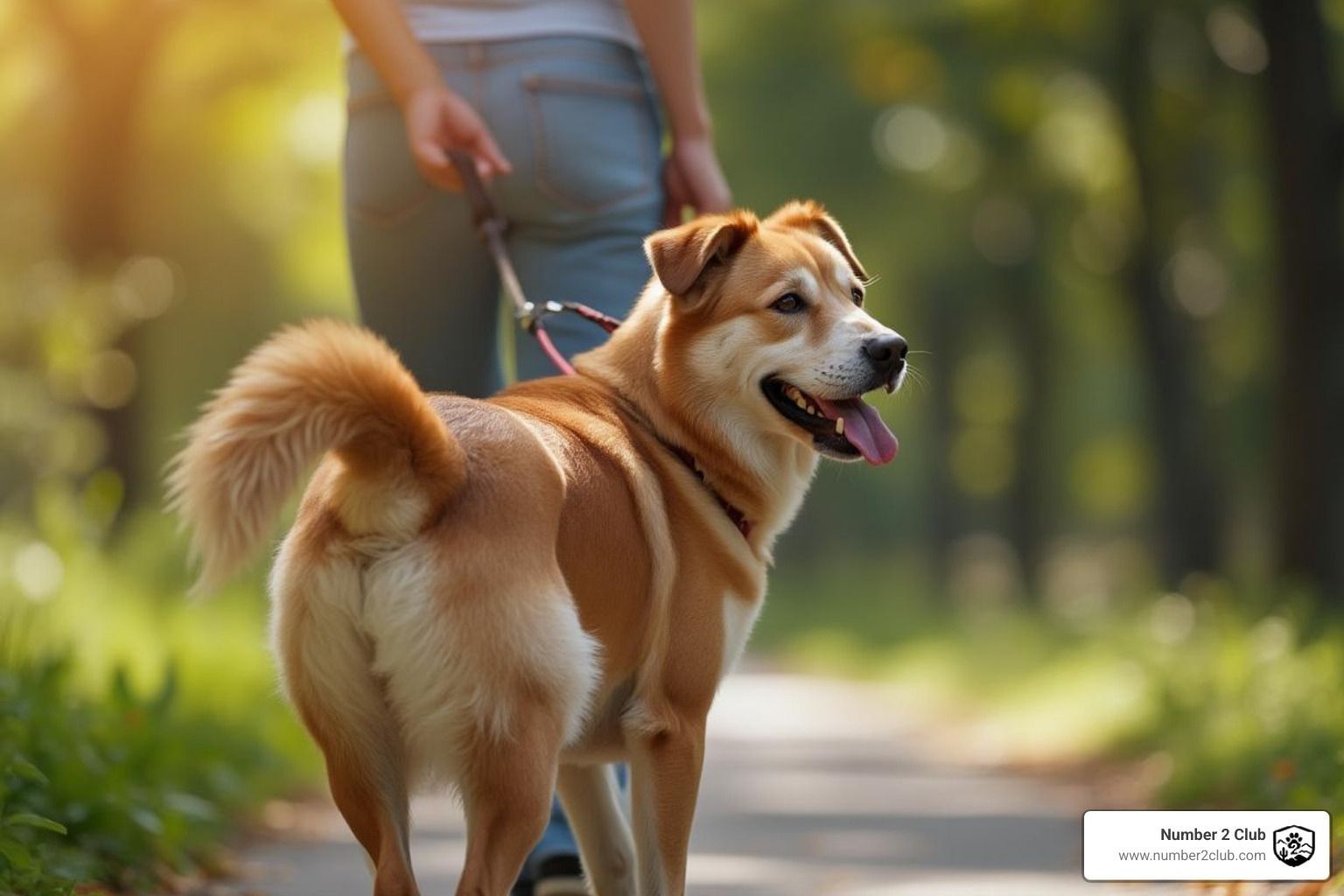 of a happy, healthy dog looking back at its owner on a walk - How much dog poop
