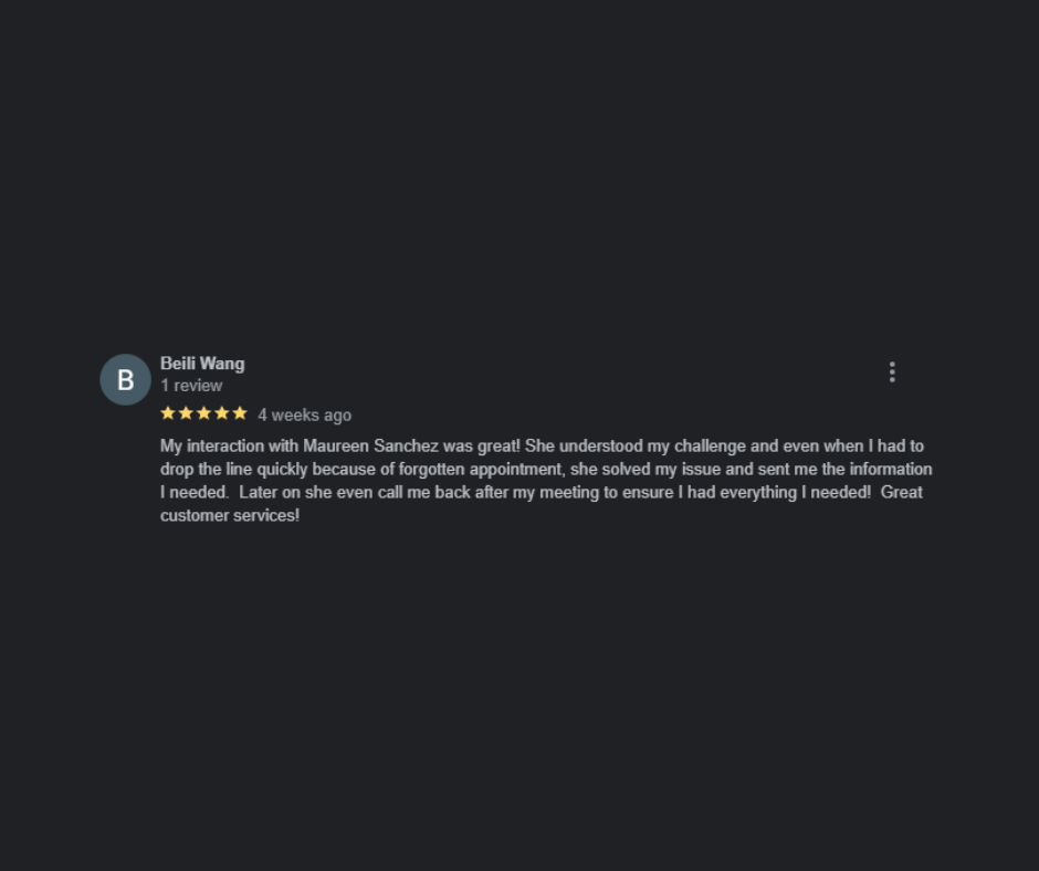 Beili Wang Google review - 5 stars