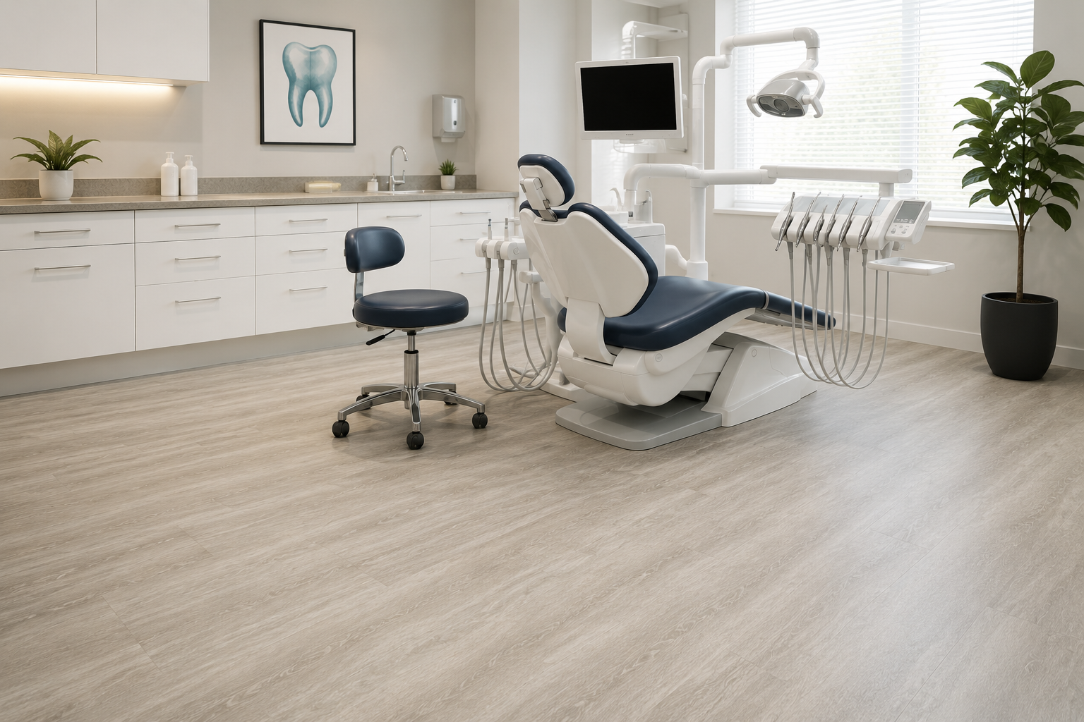 Modern dental clinic with light wood-look commercial vinyl flooring and contemporary treatment room.